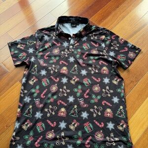 Holiday Print Black Polo Shirt - Festive Men's Collared Top